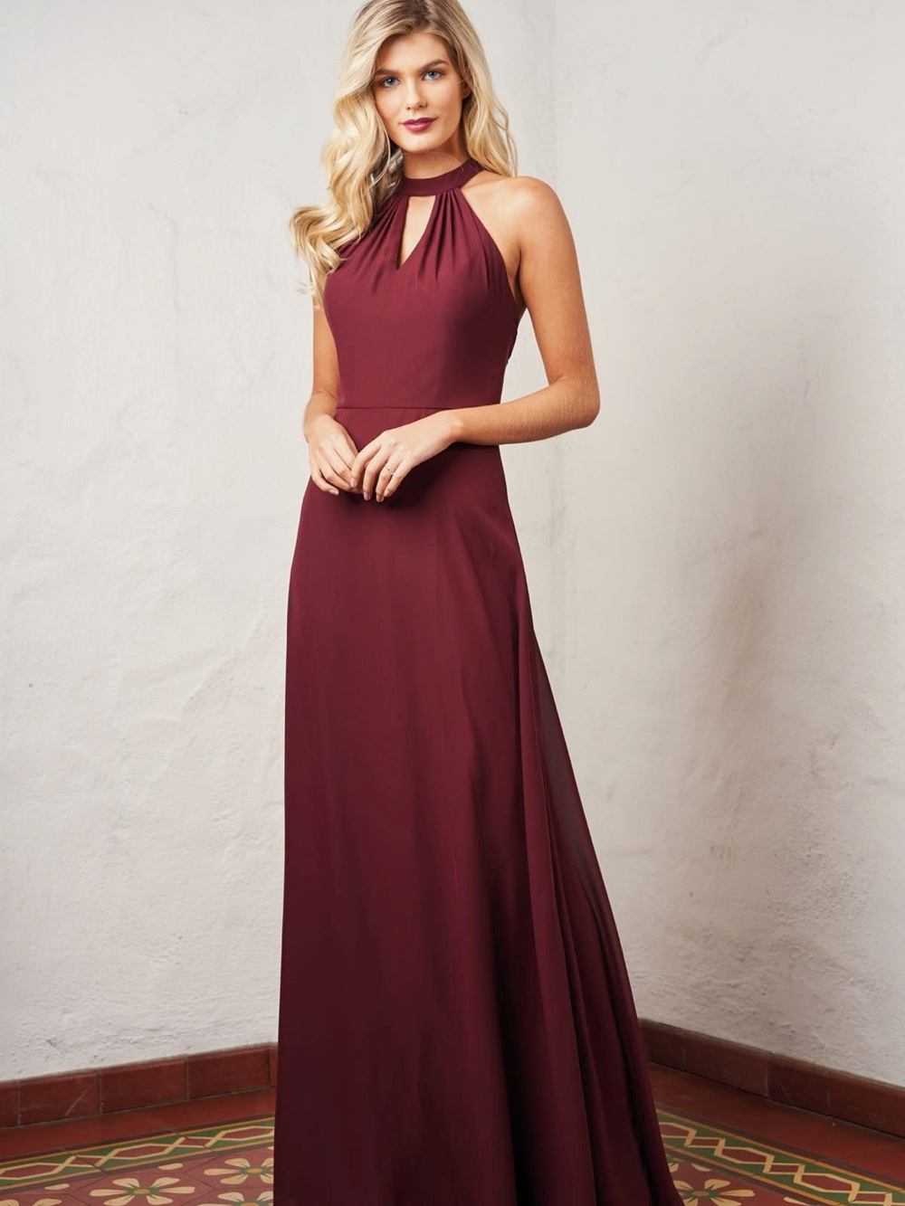 Sleeveless Halter Maxi Dress in Burgundy with Keyhole